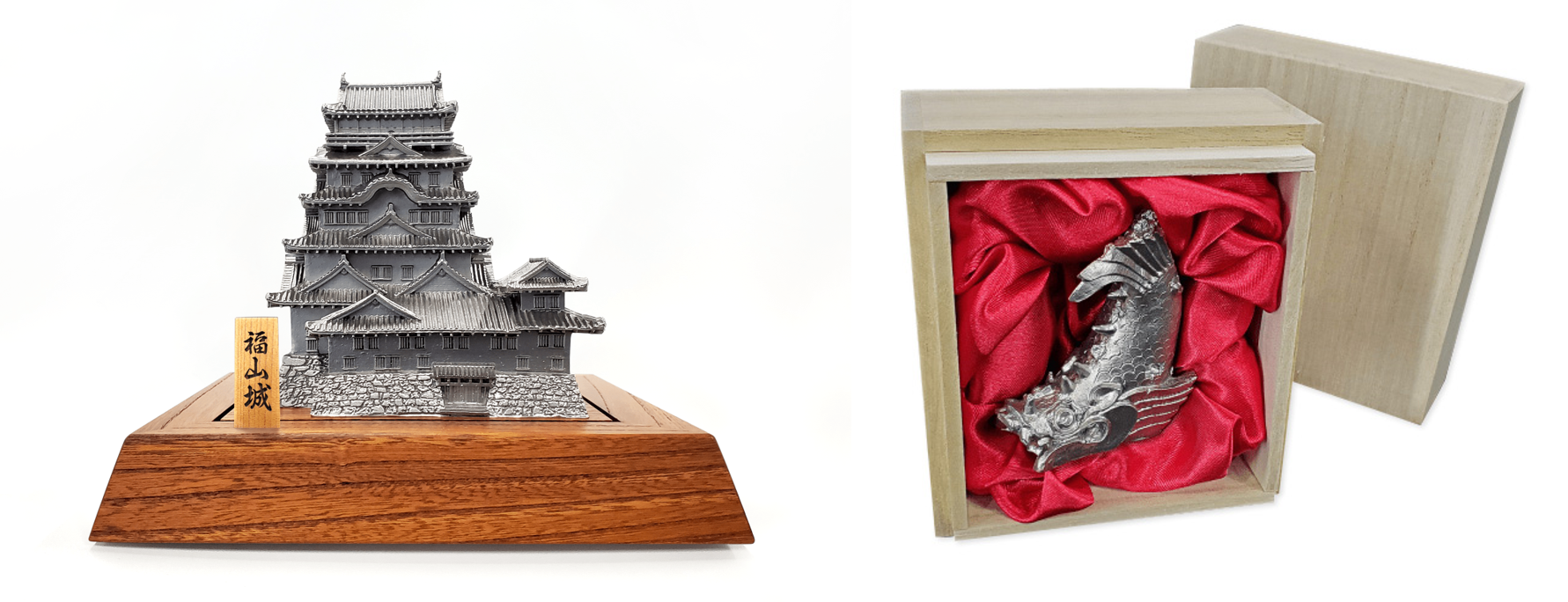 左：１／２５０スケール福山城　右：福山城の伏見櫓(ふしみやぐら)のしゃちほこ