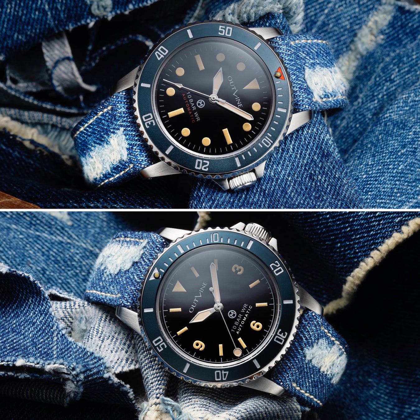 W name with outline and tic tac. Wearing a crushed denim belt on the “Navy Diver” looks like this