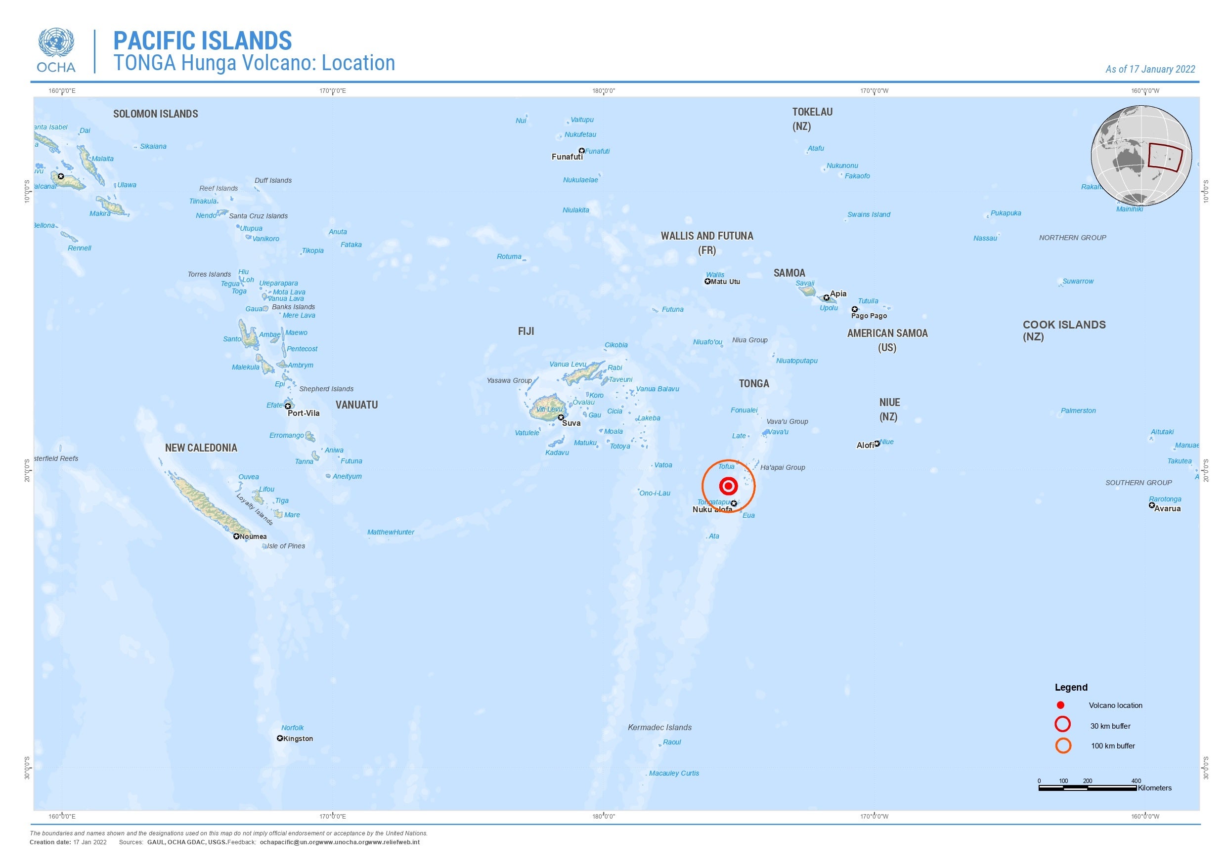 トンガ火山噴火の位置関係（出展：OCHA)