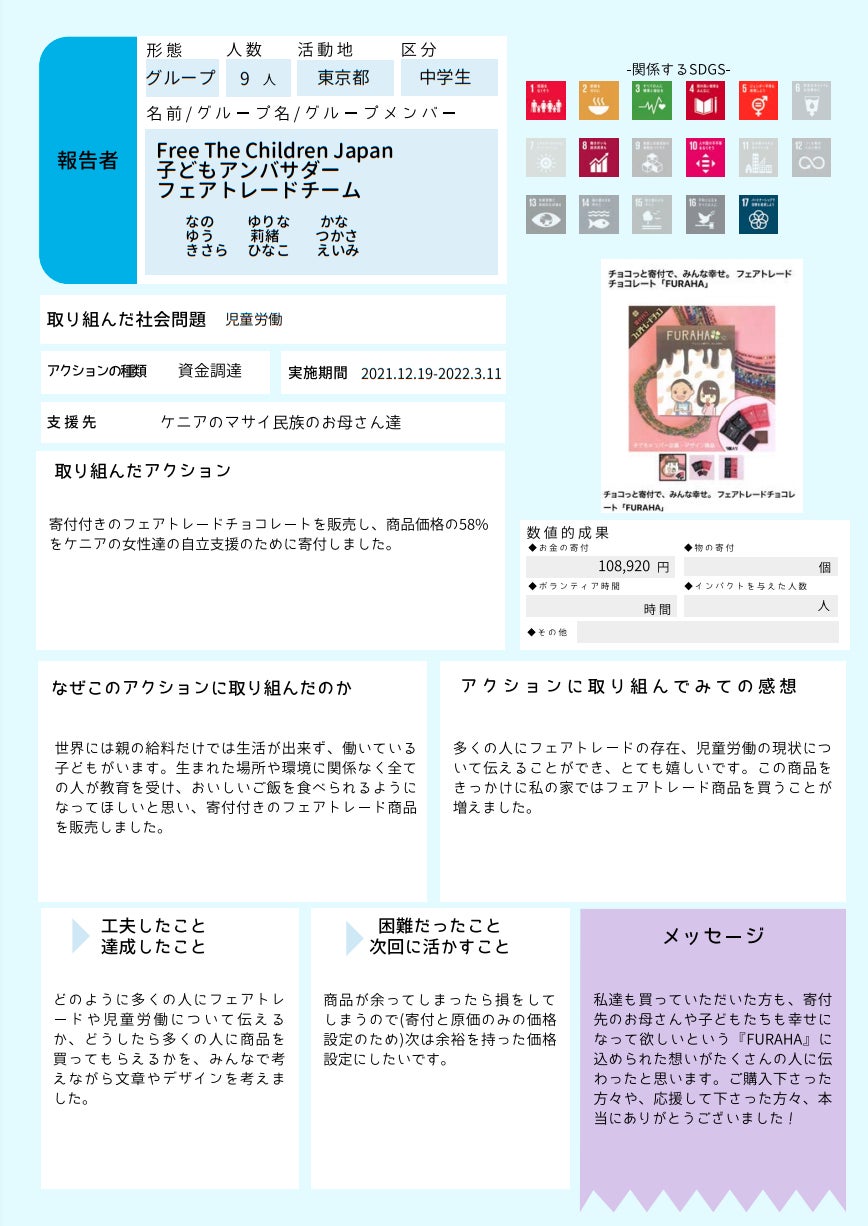 当団体子どもアンバサダーの活動報告内容(例) (C)FTCJ