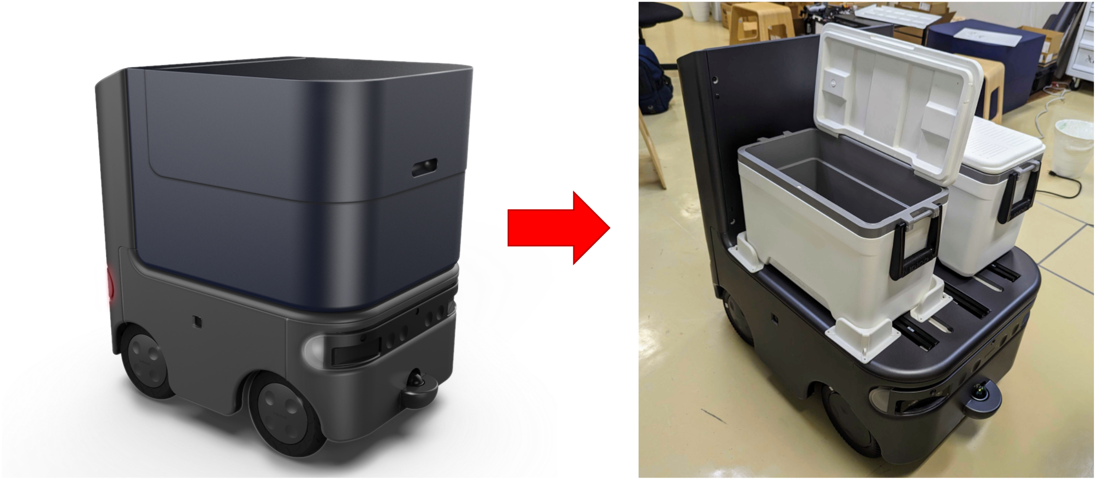 宅配用途に作られたデフォルトの荷室から今回の実証実験用に市販のクーラーボックスを取り付け