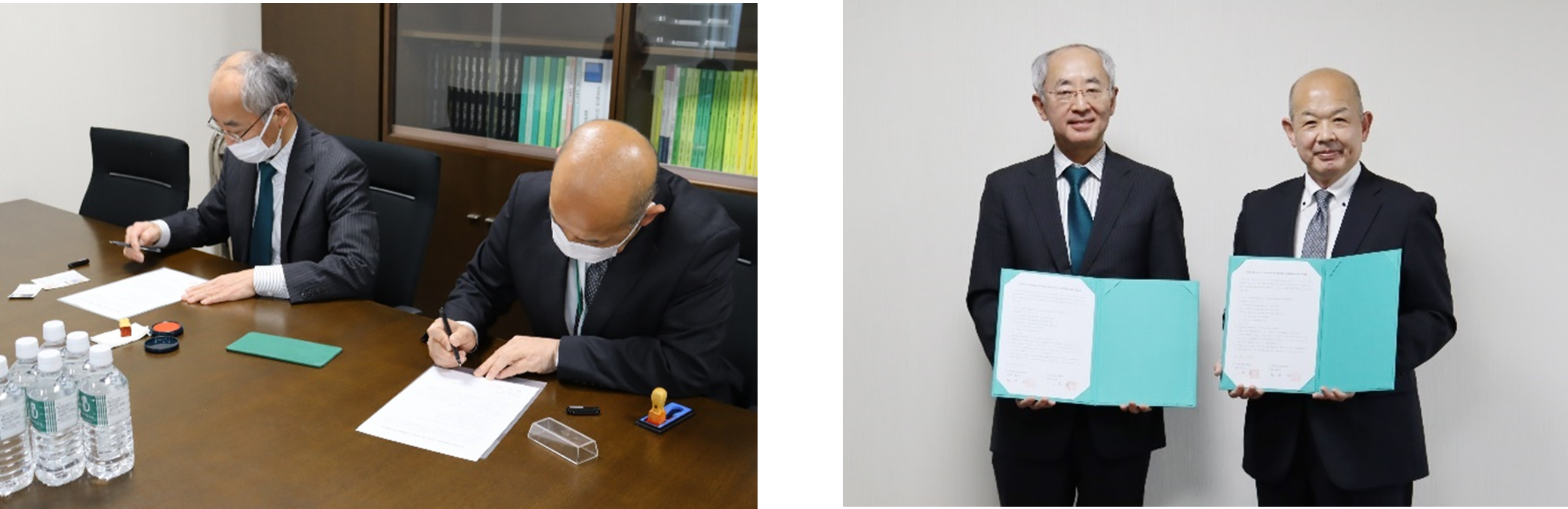 調印式に臨んだ鵜浦外国語学部学部長（左)と小椋第六中学校校長(右)