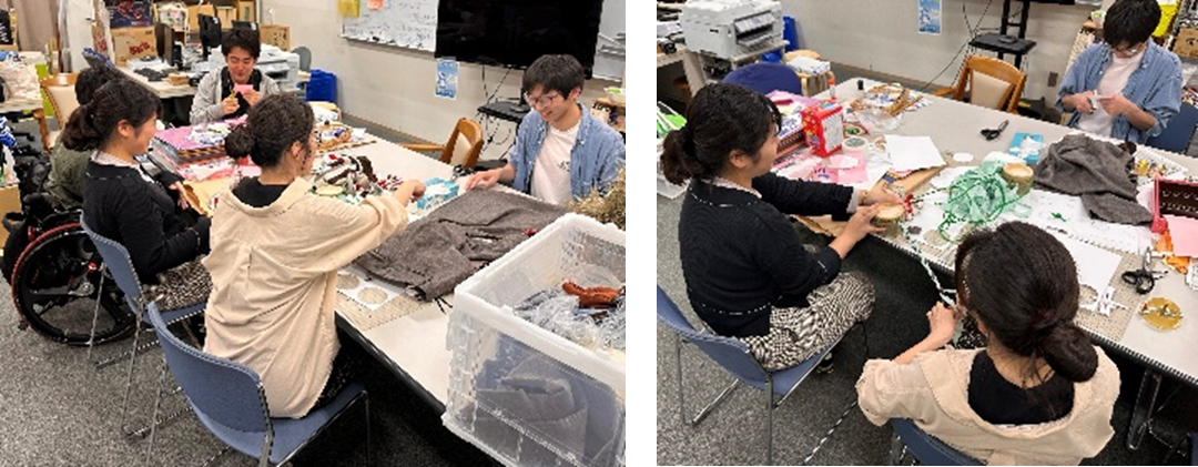 古着を裁断して体験ブースの準備をする学生達