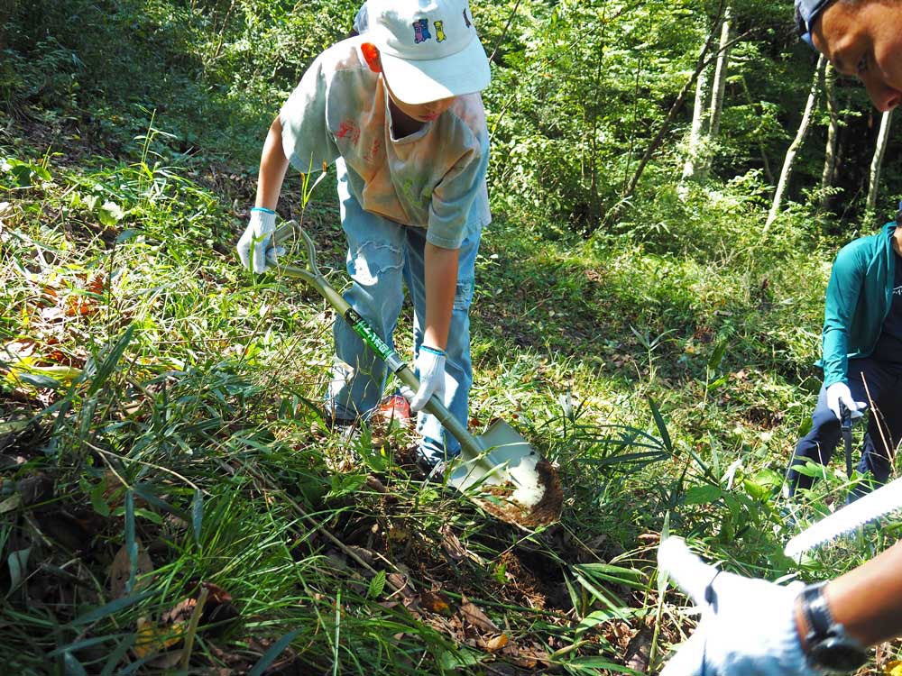 大きなスコップを使って苗木を入れる穴を掘る様子