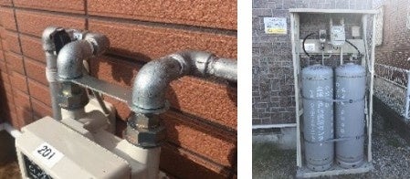 左：ガスメーター補強プレート　右：屋根付き容器スタンド