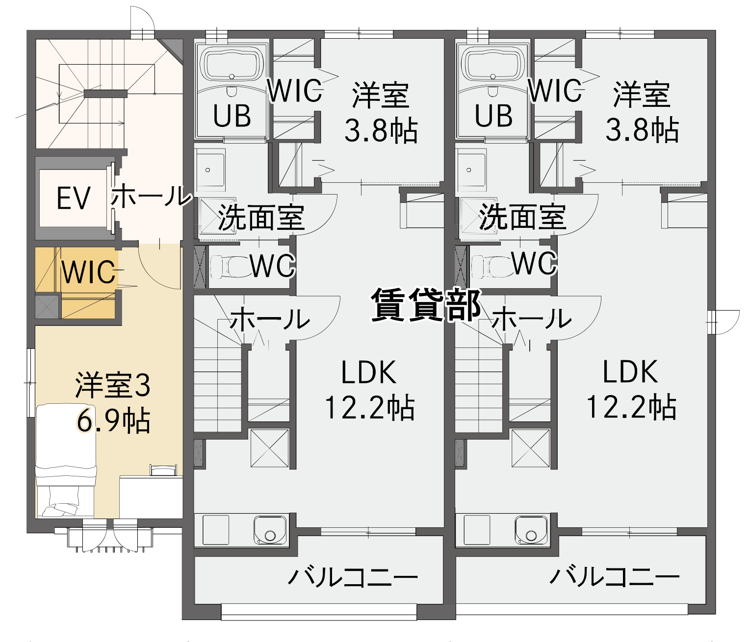 ２F／オーナー宅＋賃貸 間取りプラン（例）