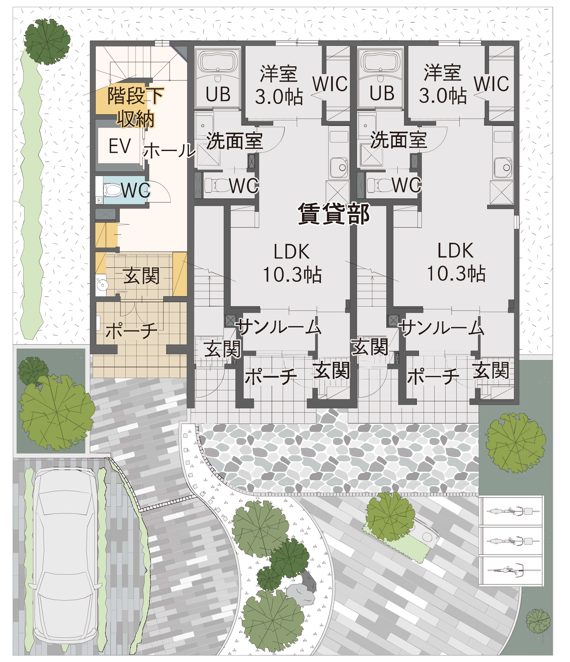 １F／オーナー宅＋賃貸 間取りプラン（例）