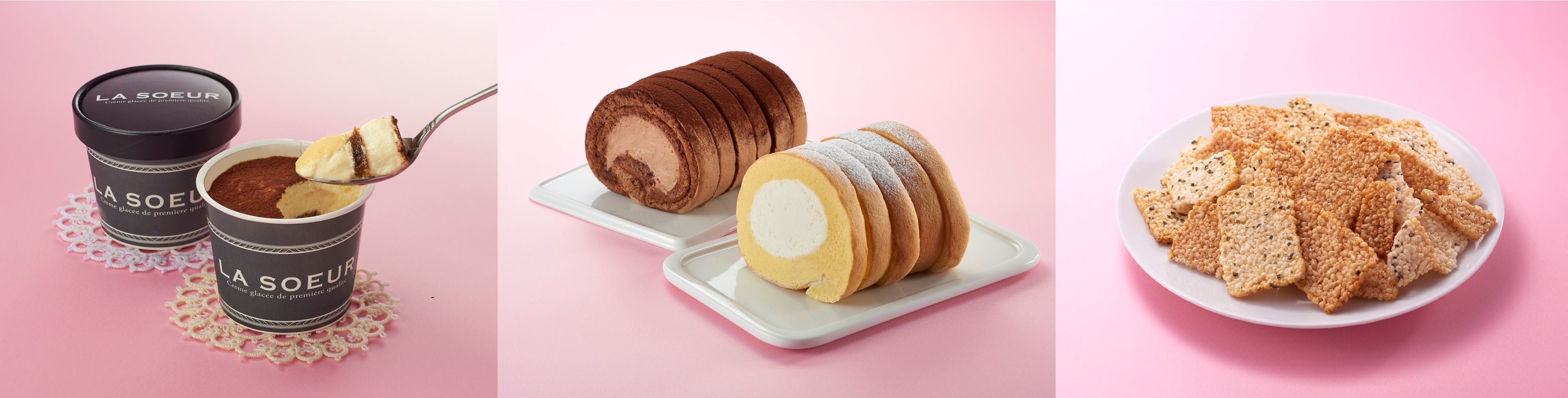 （左から）『ラ・スール』カヌレの穴ティラミス『パティスリー モンシェール』堂島ロール端っこ『赤坂柿山』こわれおかき