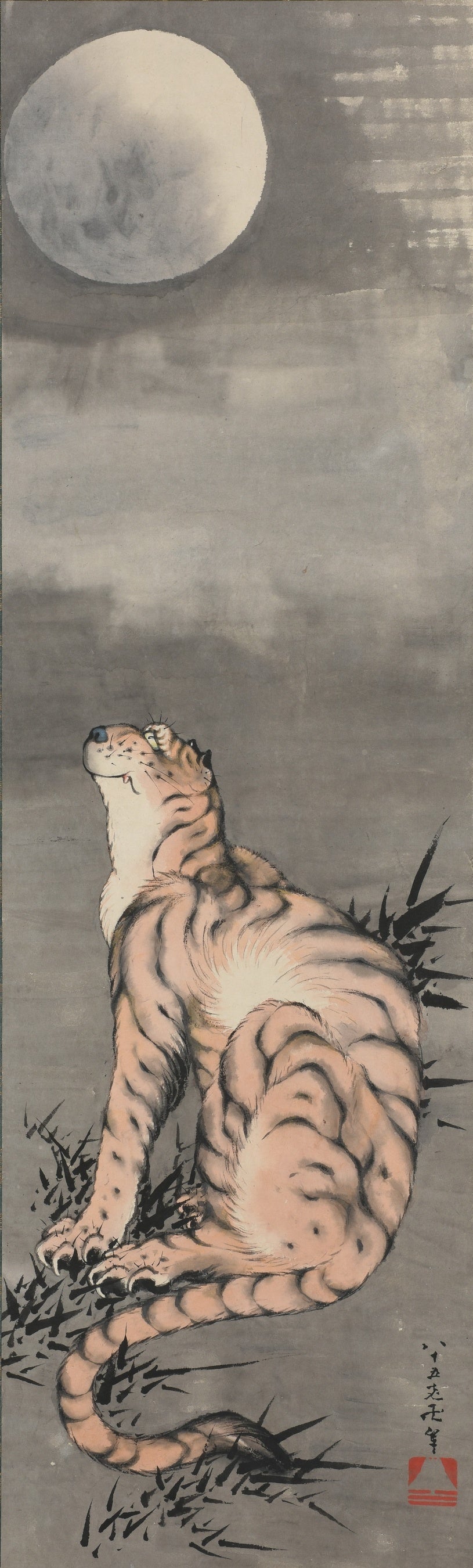 葛飾北斎《月みる虎図》1844(天保15)年 島根県立美術館蔵(永田コレクション) 北斎晩年の肉筆画。墨を巧みに操り、毛の質感や立体感を表している。
