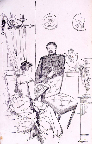 原田直次郎「文づかひ」挿画　　鷗外の小説「文つかひ」に添えられた、親友・原田直次郎による挿画。主人公の顔に若き日の鷗外の面影が見える。