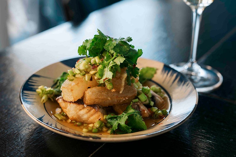 揚げ鯖と大根のライムパクチーソースがけ