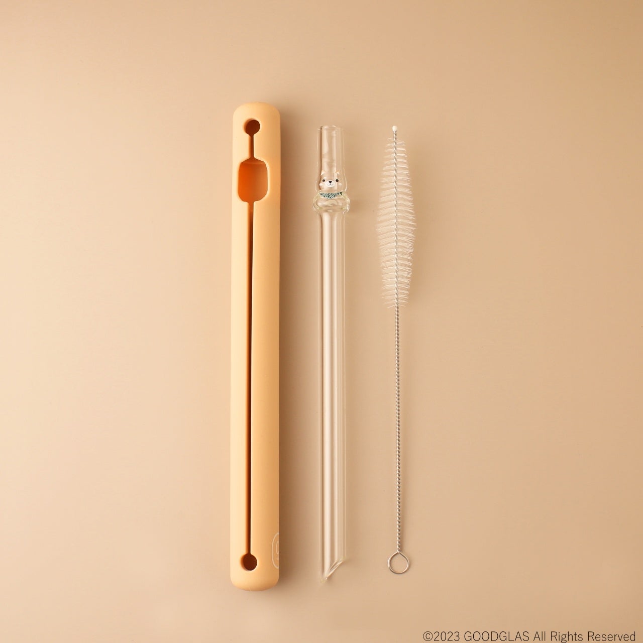 「しば犬」ストロー（緑スカーフ）　シリコンケースとブラシがセット