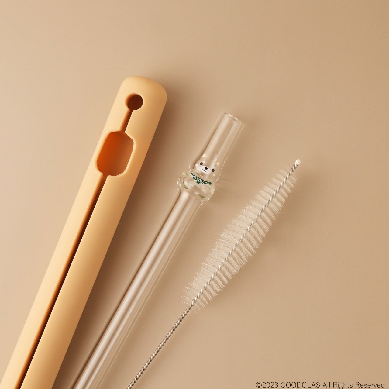 「しば犬」ストロー（緑スカーフ）　シリコンケースとブラシがセット