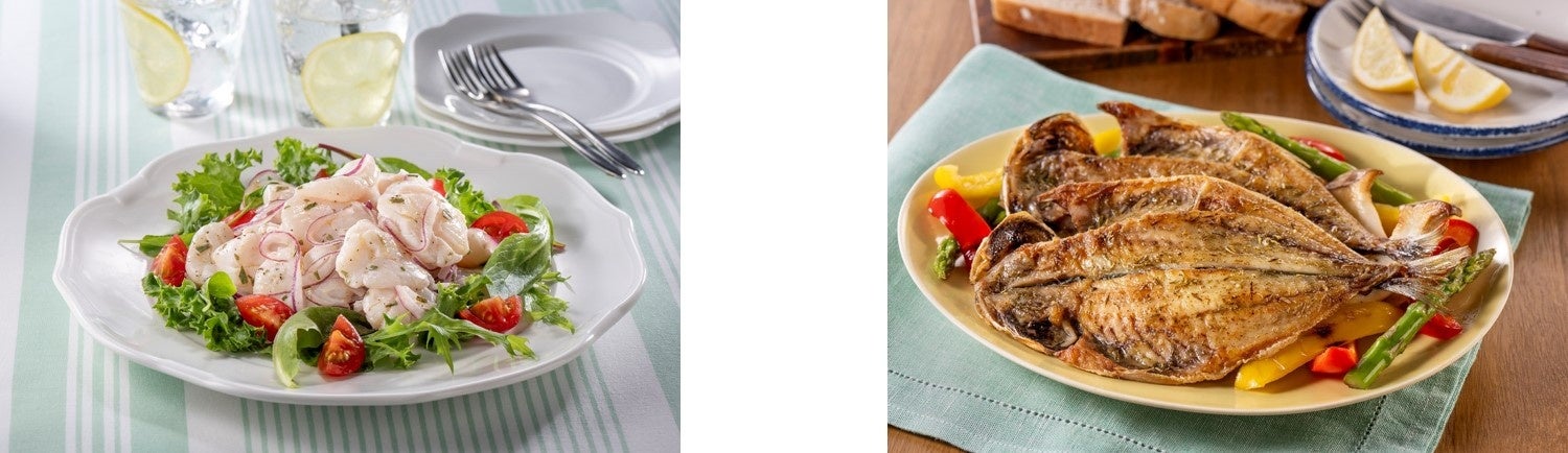 左から、ほたて貝柱のマリネ タラゴン風味、あじの干物のオリーブ油焼き ミックスハーブ風味