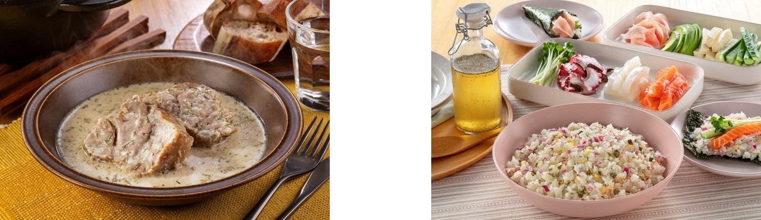 左から、豚肉のミルク煮 ローズマリー風味、タラゴンビネガーを使ったすし飯