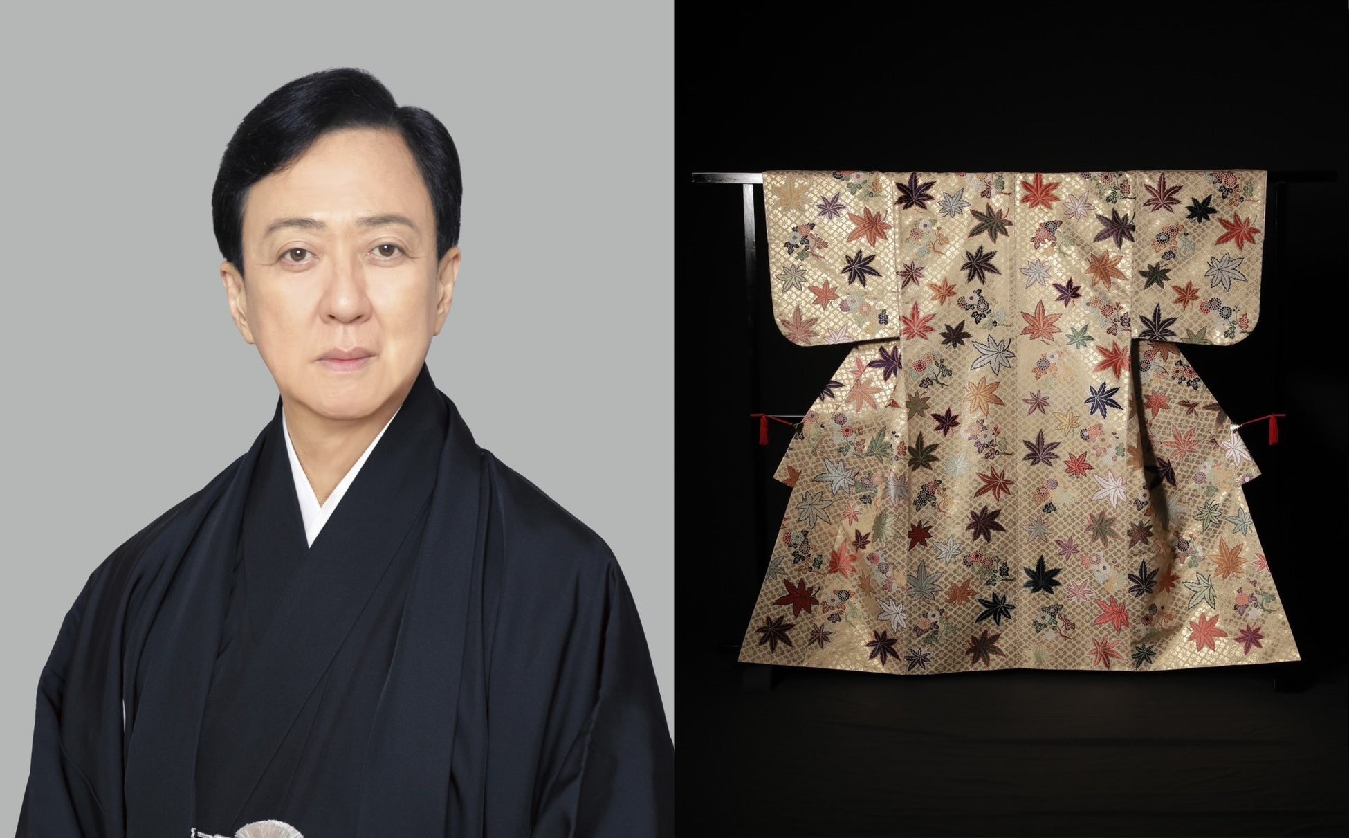 ▲ (左)坂東玉三郎 (右)展示予定の衣装 「信濃路紅葉⻤揃」