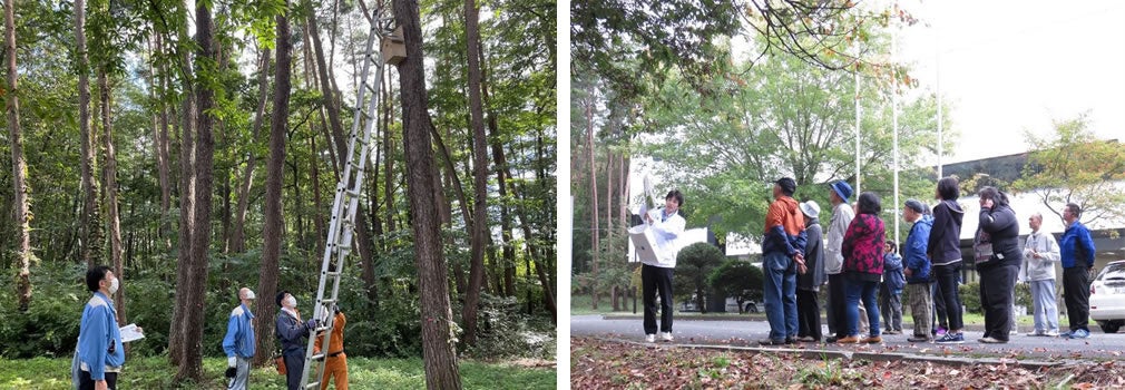 左）定期的な巣箱の観察と清掃　　右）地域住民に対する緑地整備の報告会