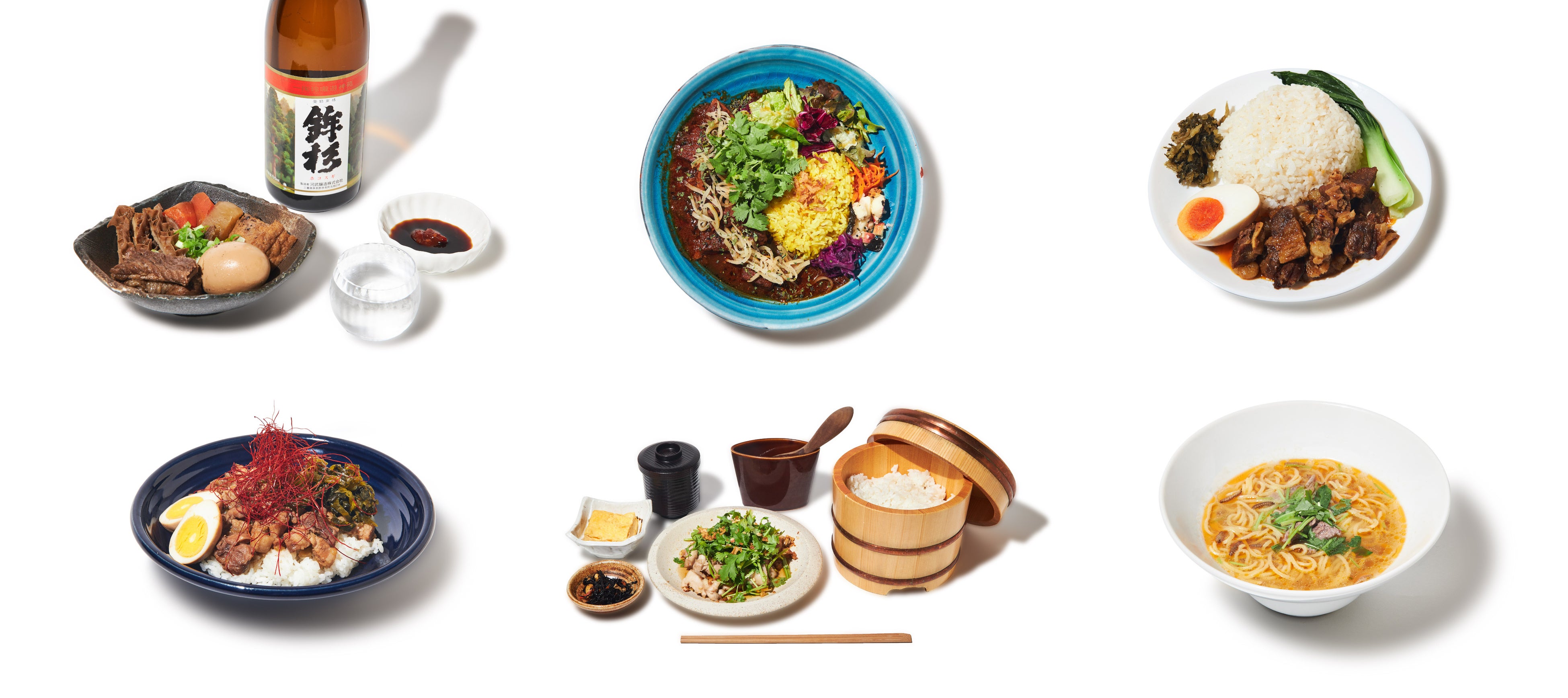 上段左から：未来日本酒店&SAKEBAR、Good Luck Curry、QUATTRO LABO、下段左から：芙蓉苑、ikushika、米とサーカス