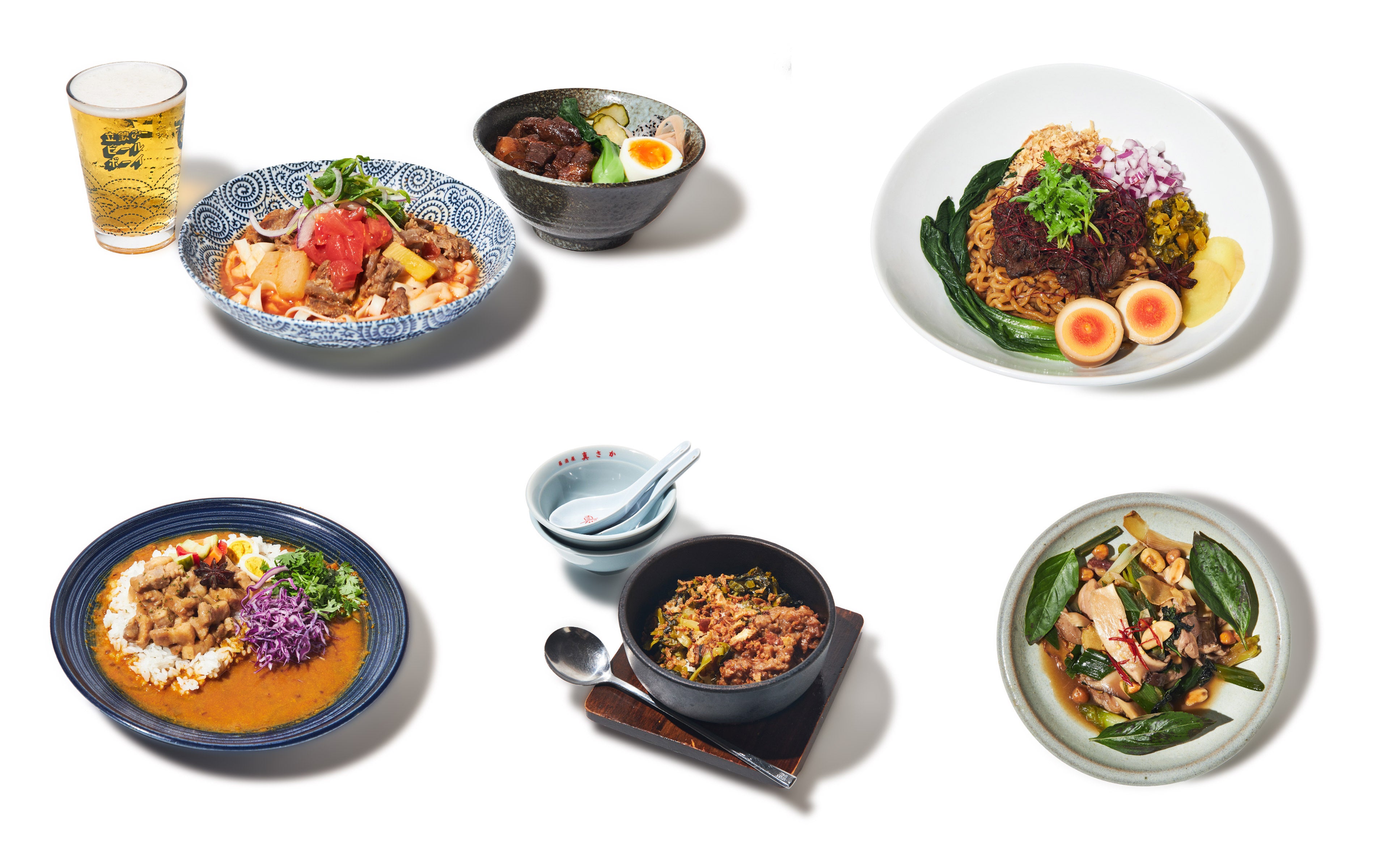 上段左から：立飲みビールボーイ、Jikasei MENSHO、下段左から：串カツあらた、ヴィーガン居酒屋「真さか」、CARNICERIA