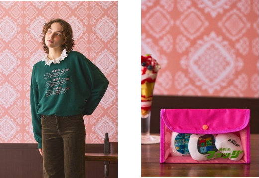 左から、「純喫茶ファッジロゴ スウェット」¥8,900+tax   サイズ M・L、「PVレトロポーチ」¥2,000+tax ※PVレトロポーチ内のクッションキーホルダーは別売。