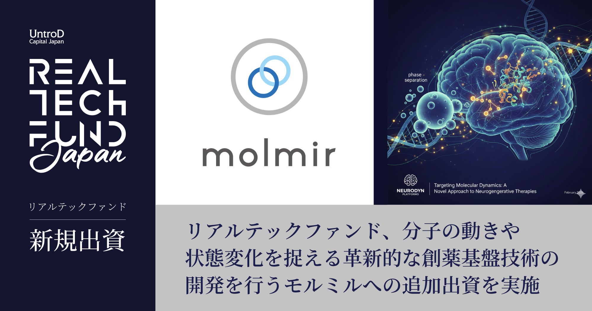 リアルテックファンド、分子の動きや状態変化を捉える革新的な創薬基盤技術の開発を行うモルミルへの追加出資を実施