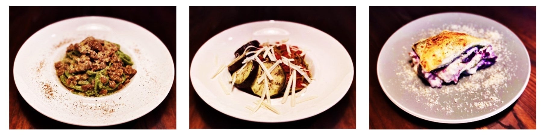 左から、石垣和牛の白いミートソース、ノルマ(茄子とリコッタサラータのトマトソース)、紅芋とプロシュートのラザニア