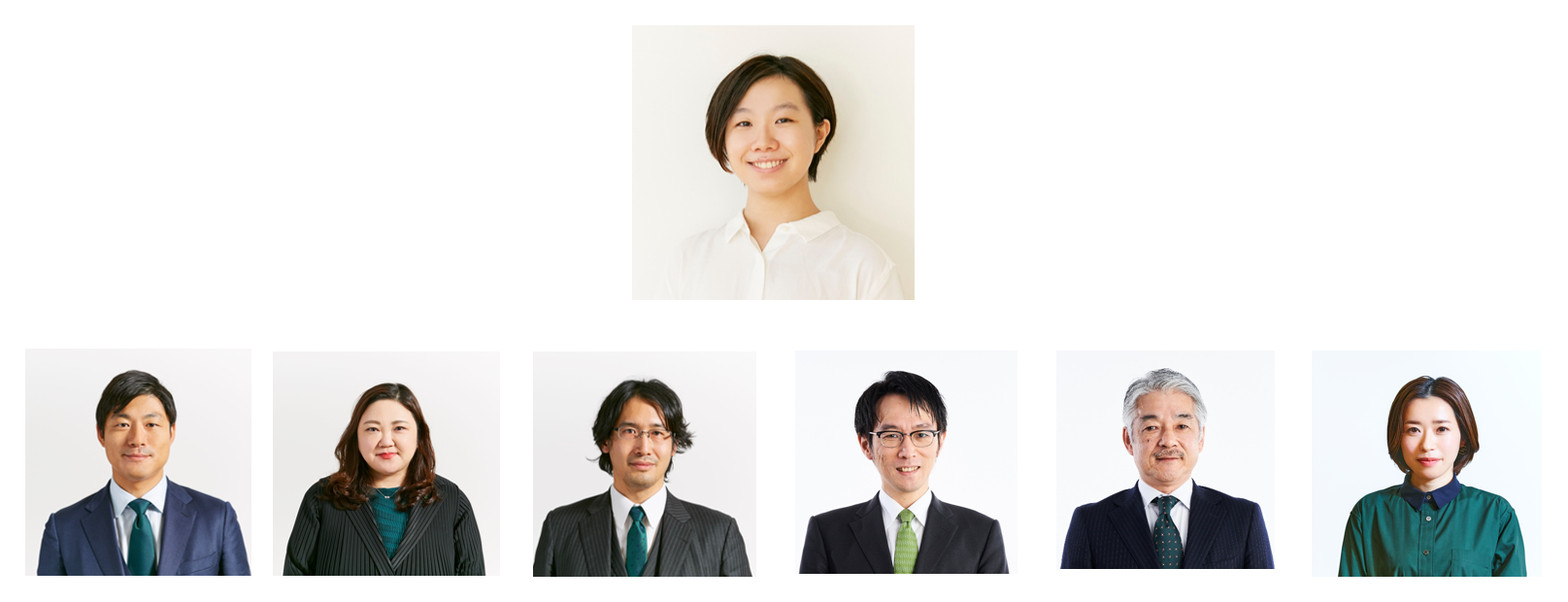 「サステナビリティ委員会」構成委員 写真上段：3代目CFO 渡部翠（委員長）、 下段左からCEO永田暁彦、CHRO岡島悦子、取締役（社外）琴坂将広、CFiO若原智広、エネルギーカンパニー長 尾立維博、ユーグレナヘルスケアカンパニーCo-カンパニー長 工藤萌