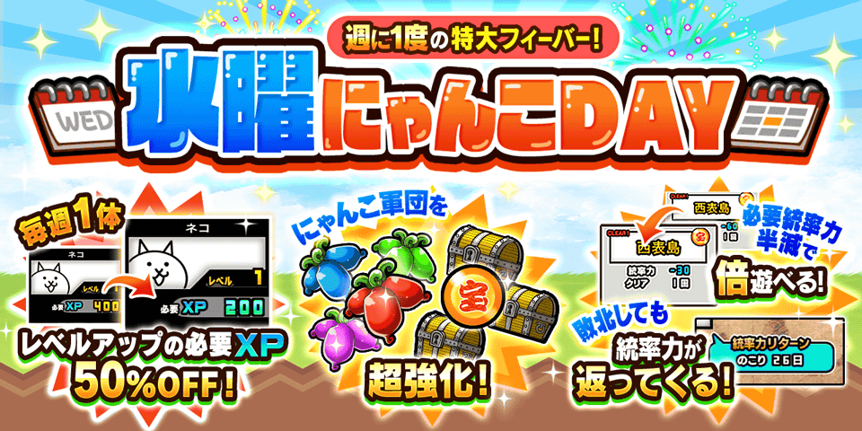 にゃんこ大戦争「水曜にゃんこDAY」本日開催！お得情報満載
