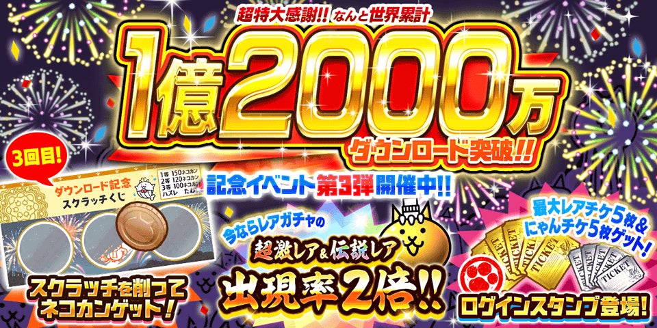 【にゃんこ大戦争】1.2億DL突破!限定ガチャ2倍&豪華イベント第3弾開催! 【にゃんこ大戦争】1.2億DL突破!限定ガチャ2倍&豪華イベント第3弾開催!