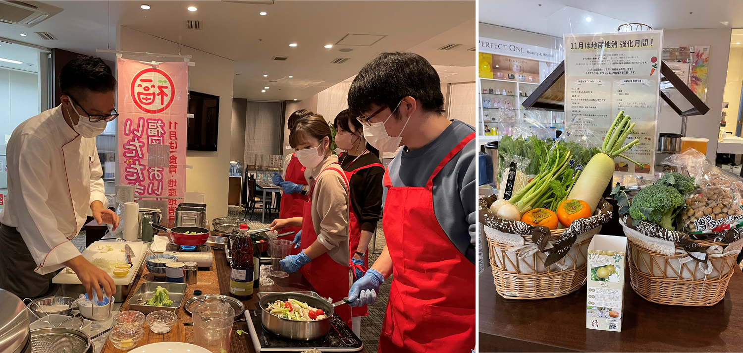 左）11月18日に開催した地産地消 料理教室の様子　右）料理教室で使用した福岡県産の食材
