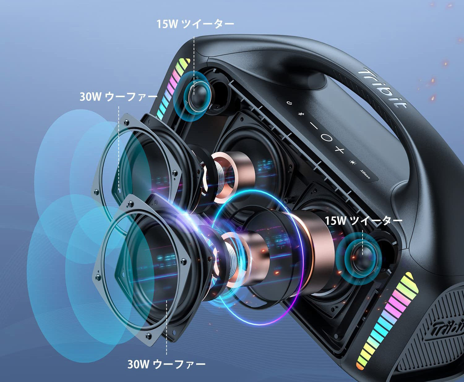 重低音 防水 Bluetoothスピーカー 大口径ウーファー×2で重低音、イルミネーションで夏を盛り上げる