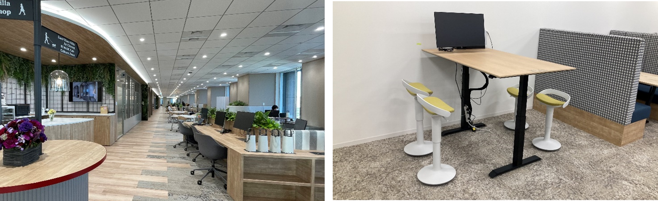 （左）歩行距離が取れる共用スペース　（右）スタンディングテーブルと昇降スツール