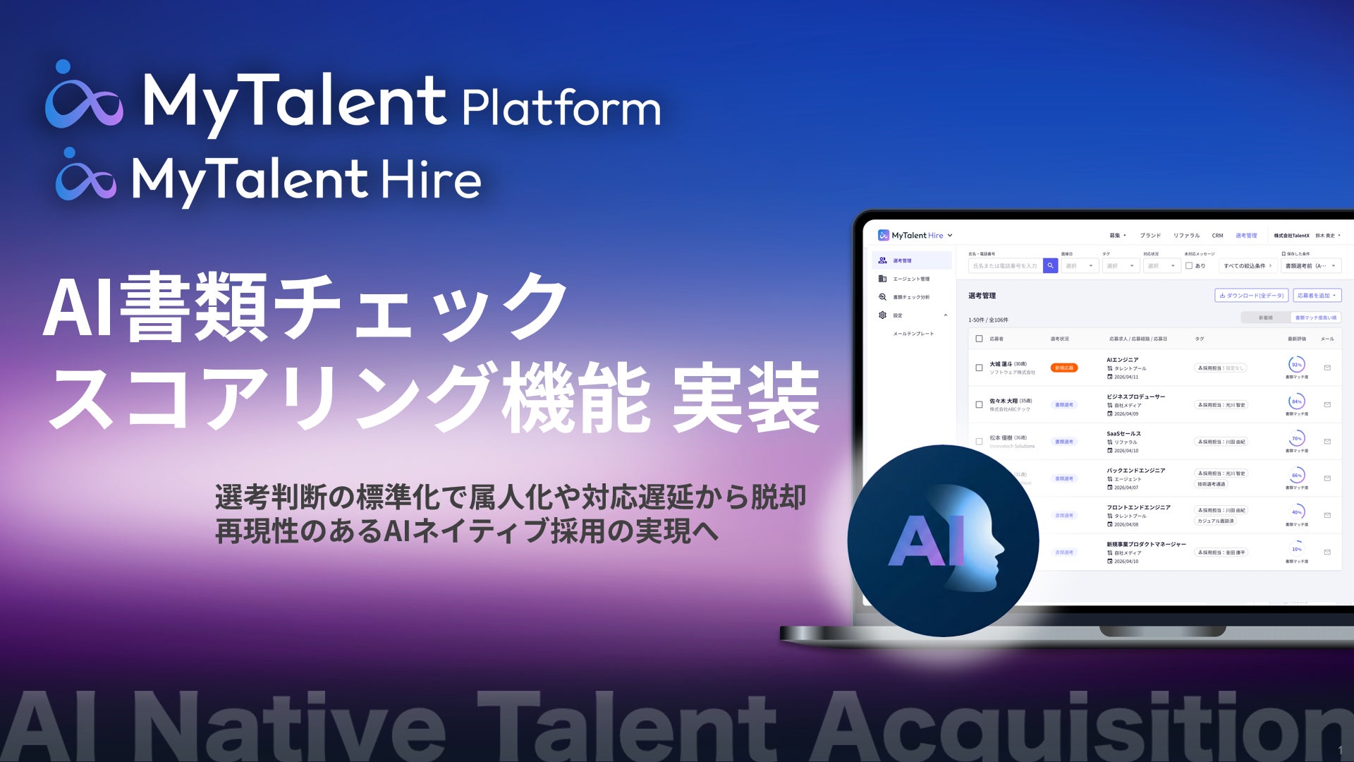 AIネイティブ採用管理システム「MyTalent Hire」、候補者のマッチ度をランク付けする「スコアリング機能」を新搭載 | 株式会社 ...