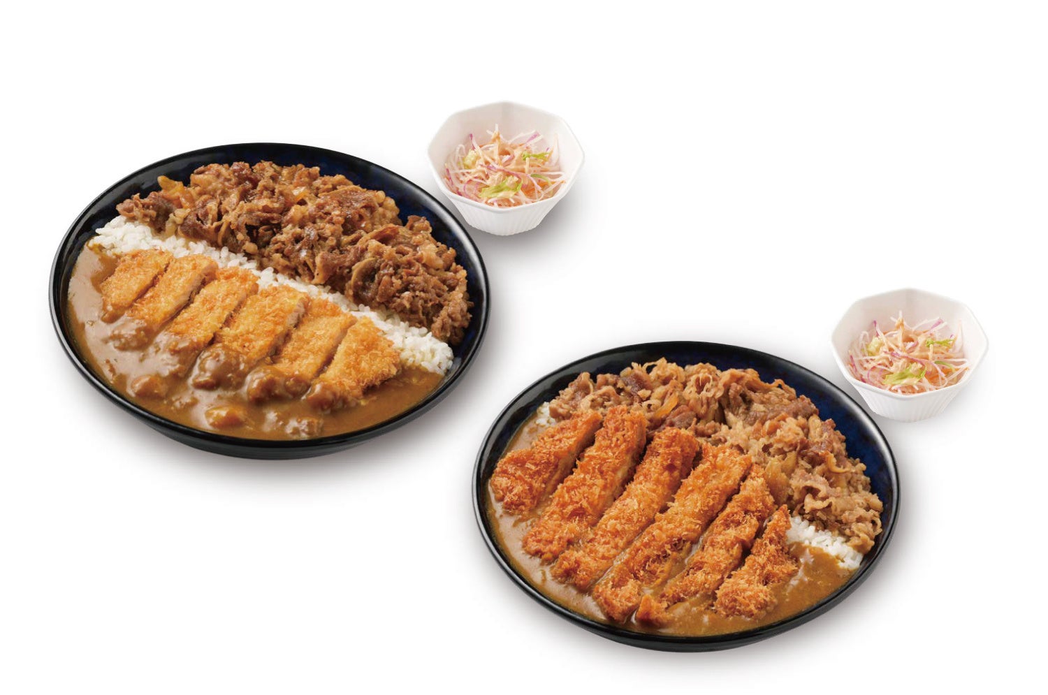 左：牛・カツカレー（サラダセット）：1,300円／右：牛・チキンカツカレー（サラダセット）：1,270円（共に税込）