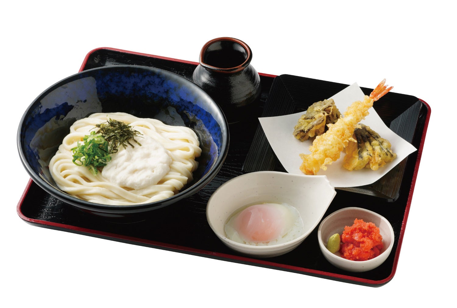 明太とろたまうどんと秋野菜 天ぷら3種：980円（税込）