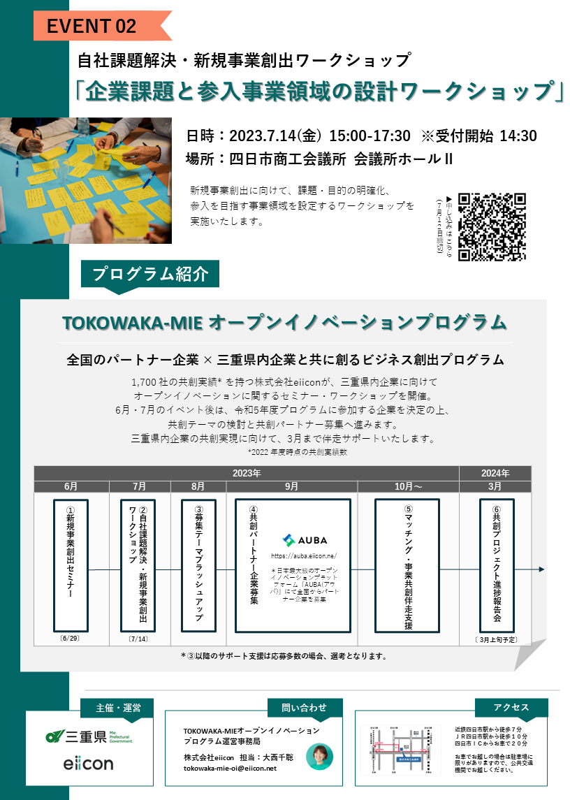 【三重県 × eiicon】「TOKOWAKA-MIEオープンイノベーションプログラム」イベントリーフレット