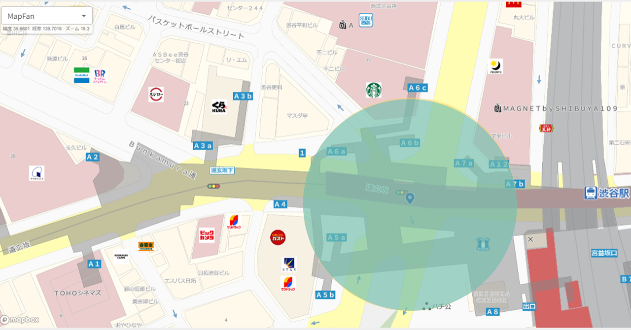 図3. 人流分析を行った渋谷スクランブル交差点周辺の分析エリア（指定エリア内で取得したGPSデータを元に解析）