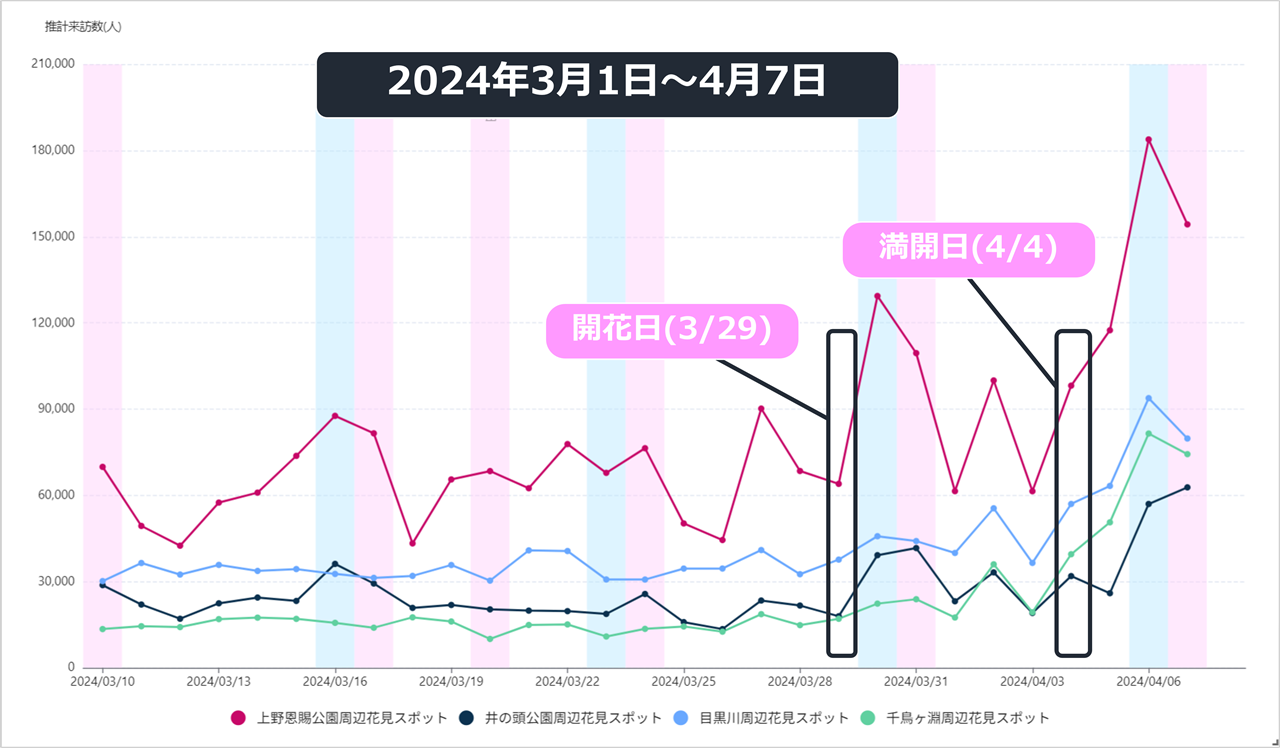 図3. 2024年3月1日～2024年4月7日迄の東京お花見スポットの人流データの推移