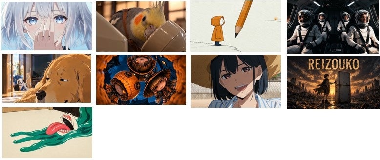 左上から一段ずつ:『まだ生成中』(STILL GENERATING) Eru Styles監督 / 『再逢』(REUNION) ねれ監督 / 『描きかけの橋』(THE UNFINISHED BRIDGE) toki監督 /『IMMUNE PRIME』 テックトークナビゲーター監督 / 『僕らの帰る場所 ― THE GREAT JOURNEY ―』/(THE GREAT JOURNEY -Our Way Home-) 重松秀哉監督 / 『ハロウィン・ナイト』 Nagi Story Music / 『柚の約束』 (Yuzu‘s Promise)藤田 敢登監督 / 『おかえりなさい〜REIZOUKO〜』(Welcome Home — REIZOUKO) 岡田直之監督 / 『く さ ら び』(kusarabi) minima監督