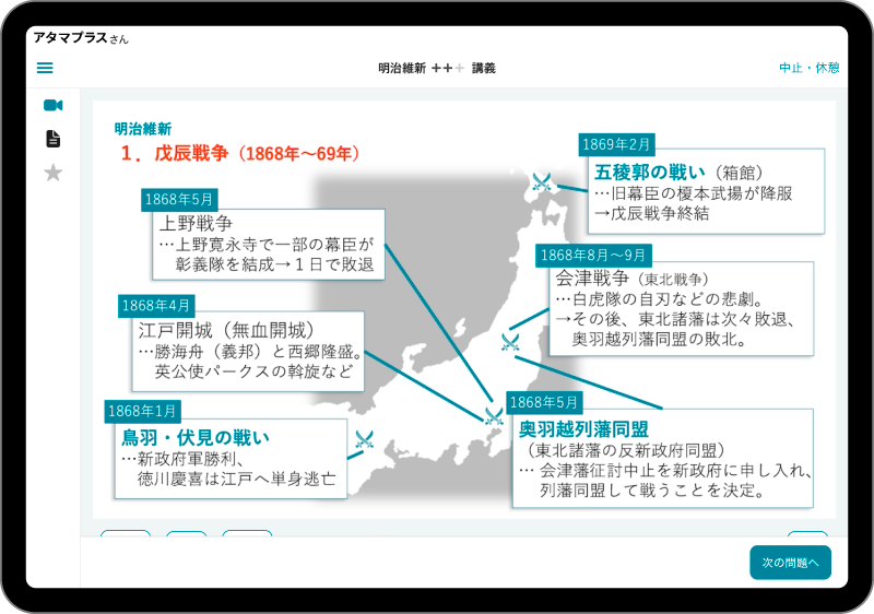 atama＋高校生向け「歴史」の学習画面