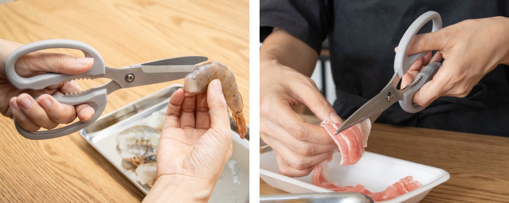 エビの殻剥き、薄切り肉のカットに