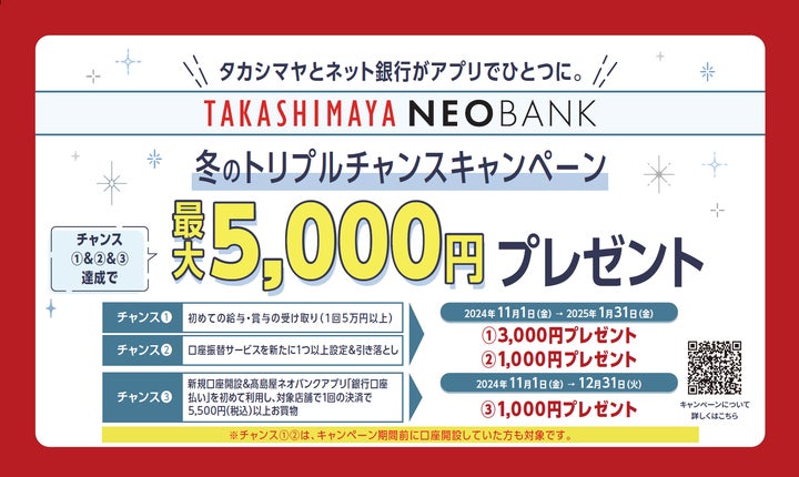 高島屋ネオバンク、「冬のトリプルチャンスキャンペーン最大5,000円 高島屋ネオバンク、「冬のトリプルチャンスキャンペーン最大5,000円