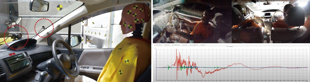 図3．ST-Cam、HD-Camの車室設置例　　　　　　　　　図4．加速度ピックアップとの同時計測事例
