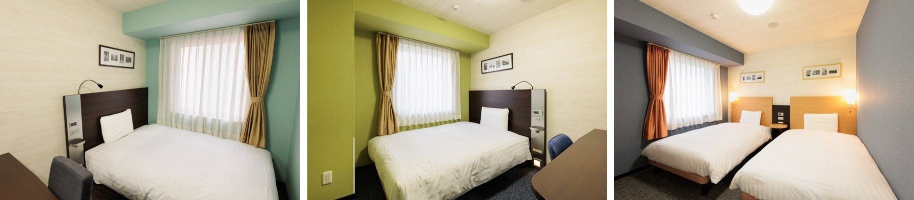 （左）「春の日本海」をイメージした1ベッドルーム　（中）「夏の田園」をイメージした1ベッドルーム　（右）「秋の大地」をイメージした2ベッドルーム