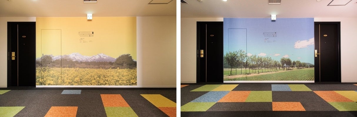 エレベーターホールのアート　（左）春「大洞原の菜の花畑」　（右）夏「夏井のハザ木」