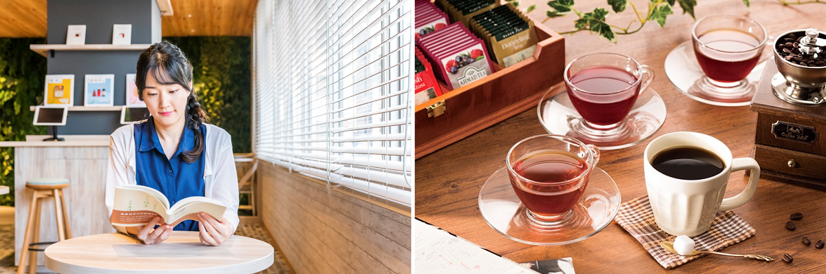 SELECT BOOK_プロがセレクトした本が100冊以上  FREE DRINK_コーヒーやフレーバーが選べる紅茶などが飲み放題