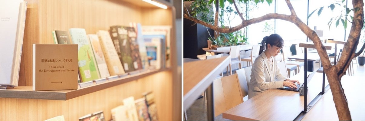 (左)「環境と未来について考える」をテーマにした本や、三重や旅にまつわる本を300冊以上取り揃えています/(右)手元を照らすライトやコンセント備え、仕事も読書もしやすい環境です