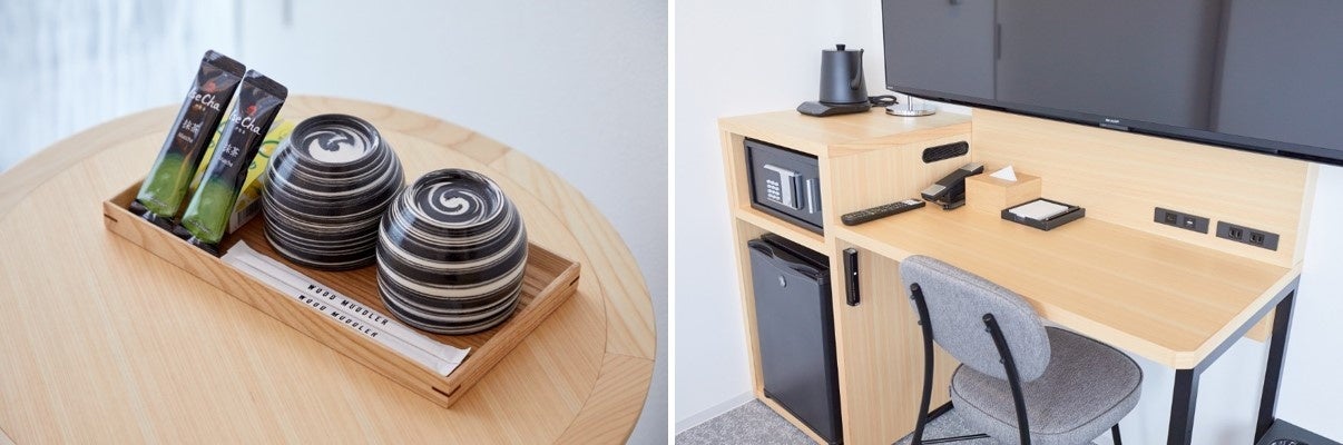 (左)萬古焼の茶器とともに、三重県銘茶の伊勢茶と三重県のお菓子をお楽しみいただけます/(右)家具には三重県産間伐材を使用しています