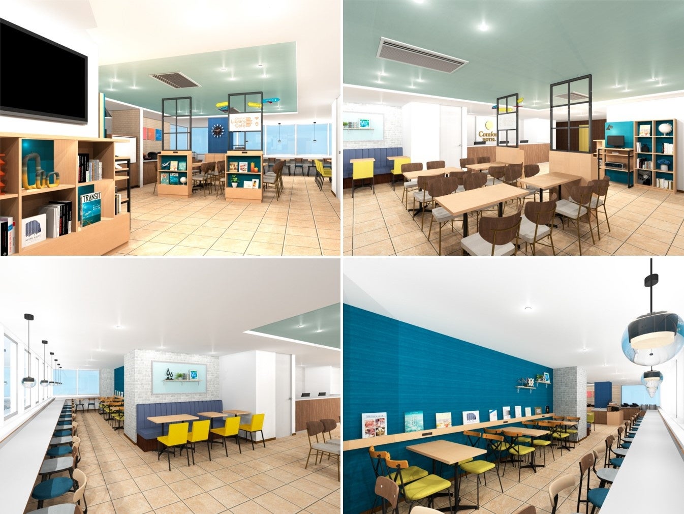 コンフォートホテル成田のComfort Library Cafe 空をイメージするブルーが印象的な空間はビジネスや旅行でも使いやすい。カウンター席やテーブル席にはコンセントもあり便利。