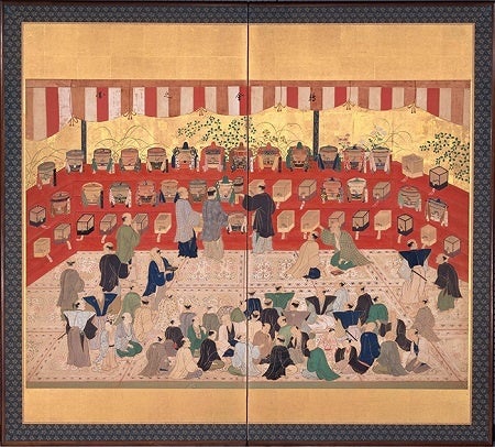 鶉会之図屏風　作者不詳　18世紀後半（1751～1799）　東京都江戸東京博物館蔵
